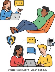 Diverse group of people working remotely and collaborating online using laptops and digital communication tools in a modern office