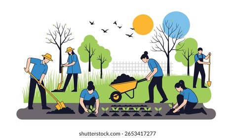 Diverse group of people working together on a community garden project planting seedlings and tending to the soil under the bright sun