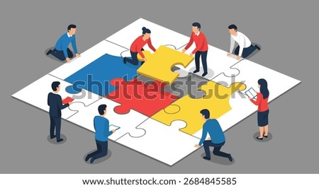 A diverse group of people working together to complete a large jigsaw puzzle representing business strategy and problem solving