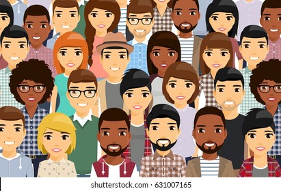 A diverse group of people. Young people were built for each other. Smile, cute. Different ethnic group. On white background in flat style.