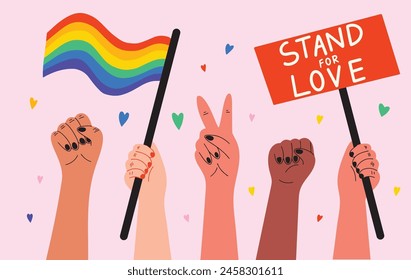 Diverse group of peoples hands hold signs, banner, poster, rainbow flag during Lgbtq+ pride month or gay parade, festival vector illustration in cartoon trendy style. Human rights, equality, love pink