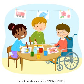 Diverse group of preschool kids including African American girl, Caucasian boy and a girl who uses a wheelchair drawing together happily at school.