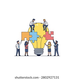 A diverse group of professional people working together to assemble colorful puzzle pieces around a giant light bulb. This illustration represents the concept of collaborative problem-solving, brainstorming, and innovation in a business environment. Two individuals sit atop the bulb while others support the structure from below, highlighting a unified team effort to bring a creative vision to life.