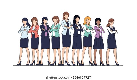 Diverse Group of Professional Women Standing Confidently Together in Business Attire Representing Teamwork and Empowerment in the Workplace