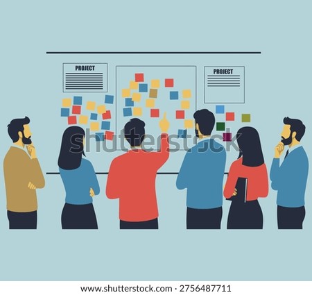 A diverse group of professionals actively engaged in a project brainstorming session, utilizing a sticky note board for planning and idea sharing.
