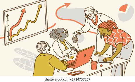 Grupo diverso de profesionales que colaboran alrededor de un ordenador portátil, discutiendo el crecimiento del negocio y la estrategia con gráficos y gráficos sobre fondo transparente.