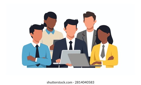 diverse group of professionals collaborating with laptop in modern office setting representing teamwork and corporate success