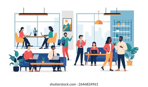 Diverse group of professionals collaborating in modern open plan office spaces fostering teamwork and productivity