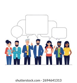 Diverse group of professionals communicating and sharing ideas with multiple speech bubbles overhead.