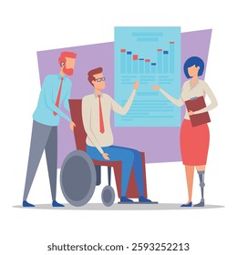 Diverse group of professionals discussing report during meeting. One member in wheelchair engaged with group while another presenting important data