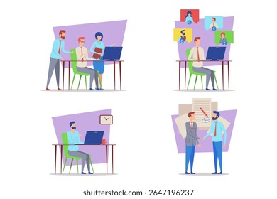 Diverse group of professionals engaged in various tasks in vibrant office. People collaborating at computers, discussing projects, and sharing ideas. Teamwork and productivity concept