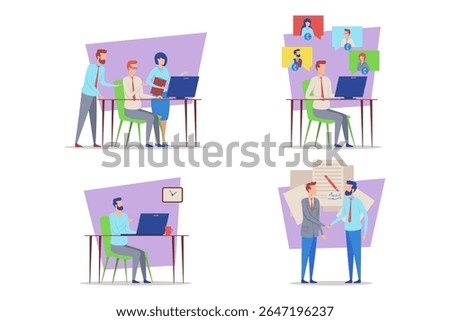 Diverse group of professionals engaged in various tasks in vibrant office. People collaborating at computers, discussing projects, and sharing ideas. Teamwork and productivity concept