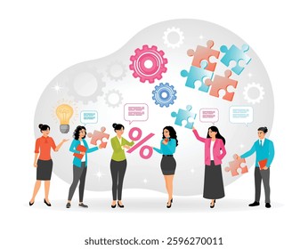 A diverse group of professionals interact, brainstorm, and collaborate on creative projects. With problem-solving icons, such as puzzles, gears, and light bulbs. Flat vector illustration 