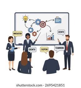 Um grupo diversificado de profissionais em uma reunião, discutindo a estratégia de negócios e o crescimento com um quadro branco que ilustra conceitos como inovação, trabalho em equipe e metas.