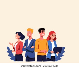 diverse group of professionals standing confidently, symbolizing teamwork, success, and achievement. Ideal for business, leadership, collaboration, and team-building themes.