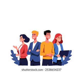 diverse group of professionals standing confidently, symbolizing teamwork, success, and achievement. Ideal for business, leadership, collaboration, and team-building themes.