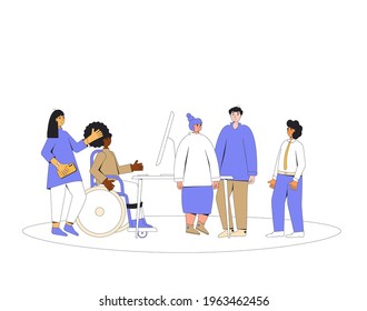Diverse group of professionals working together on a project. teamwork people. Inclusion at the office. Coworkers talking at  business meeting. Vector illustration.