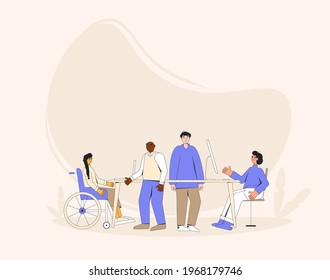 Diverse group of professionals working together on a project. teamwork people. Inclusion at the office. Coworkers talking at  business meeting. Vector illustration.