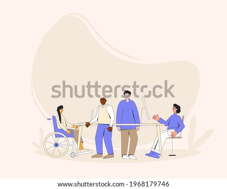 Diverse group of professionals working together on a project. teamwork people. Inclusion at the office. Coworkers talking at  business meeting. Vector illustration.
