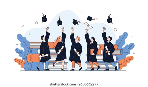 Diverse group of proud graduating students celebrating academic achievement by throwing caps in the air with a stack of books behind them