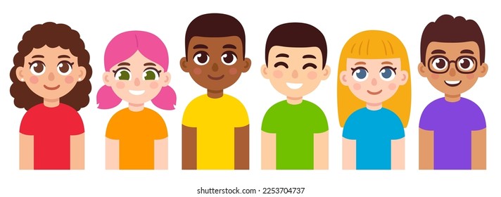 Diverse group of queer kids or teens in rainbow colors. Cute flat cartoon style vector illustration.