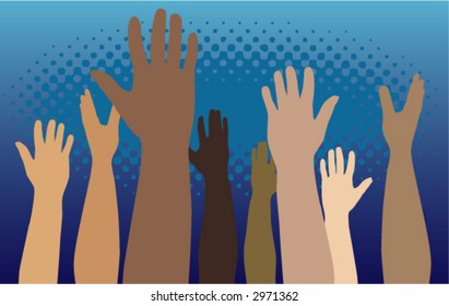 Diverse group of raised hands