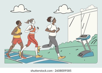 Diverse Group Running Scene – Energetic Indoor and Outdoor Fitness with Inclusive Runners and Vibrant Setting.