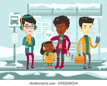 Diverse group of sad multicultural people standing at the bus stop during a heavy snowfall. Frozen people waiting for bus for long time during a cold winter day. Vector cartoon illustration.