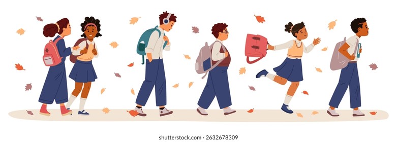 Diverse group of school children of different ethnicity in uniform going to school among fallen leaves flat vector illustration.