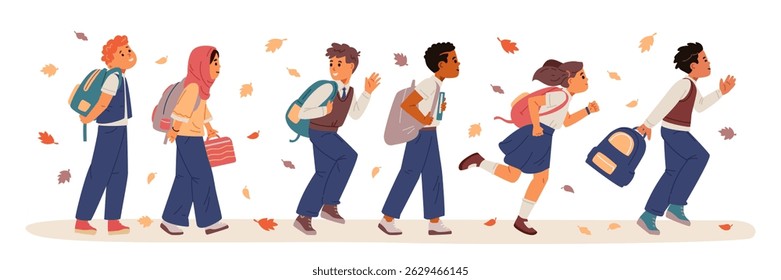 Diverse group of school children in uniform going to school among fallen leaves flat vector illustration.