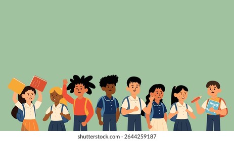 Diverse group of school kids happily holding books and bags outdoors