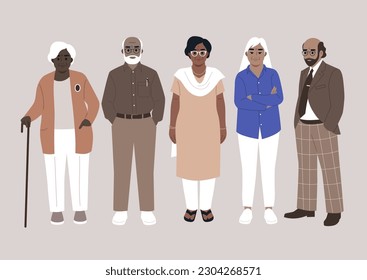 A diverse group of senior adult friends gathered together, a full length portrait, a retirement age