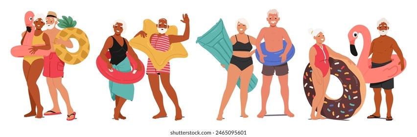 Diverse Group Of Senior Friends Ready For Beach Outing, Each Holding Vibrant Inflatable Swim Rings, Embodying Joy And Active Aging. Vector Cheerful Scene Highlights Friendship, Leisure And Summer Days