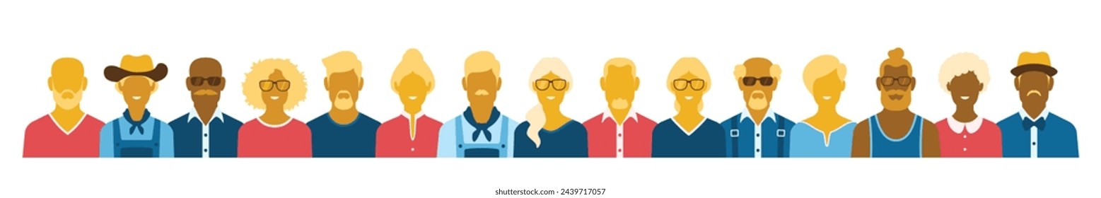 Diverse group of seniors from past eras, such as the silent generation and baby boomers. Perfect for horizontal web banner or header