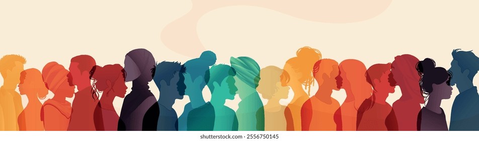 Diverse group silhouette of multicultural people seen from the side. A community of colleagues or collaborators. Negotiation, agreement, or pact. Collaborators co-workers and harmony