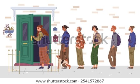 A diverse group of six people, including a woman with a dog, are lined up outside a building with a green door. Ideal for community, diversity, urban life, social interaction, inclusivity. Modern