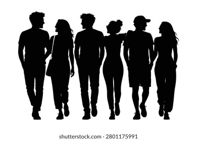 Diverse group of six young people walking together isolated on white