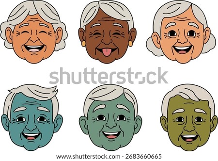 Diverse group of smiling senior faces expressing joy and happiness together