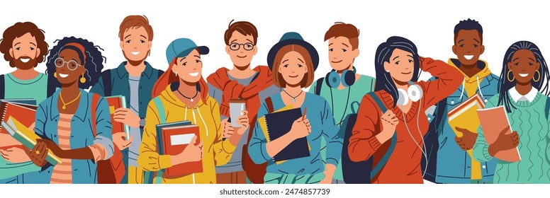 Diverse group of smiling students of different ethnicities and genders posing together against a white backdrop.