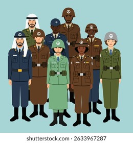 A diverse group of soldiers, each wearing a helmet with a peace symbol, standing together in various uniforms.