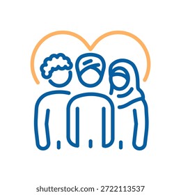 Diverse group standing beneath a heart symbolizing multicultural unity, inclusion, mutual support, equality, and community belonging. Thin line icon editable stroke