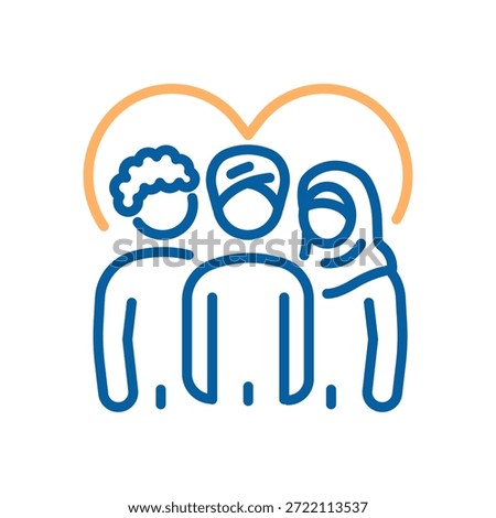 Diverse group standing beneath a heart symbolizing multicultural unity, inclusion, mutual support, equality, and community belonging. Thin line icon editable stroke