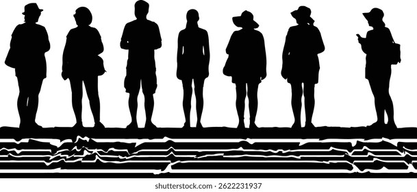 Grupo Diverso de Pessoas de Pé Silhuetas Ilustração Vetorial - Turistas em uma praia