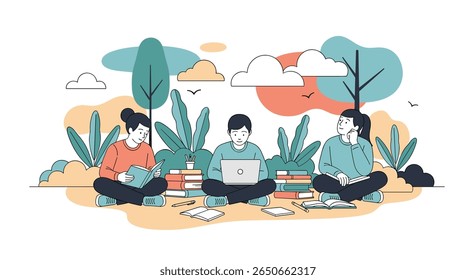 Diverse group of students collaborating and learning together outdoors in a park setting surrounded by nature and trees