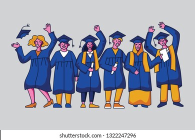 Diverse group of students in graduation gowns. Flat style vector character design