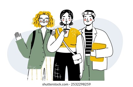 Um grupo diversificado de estudantes ilustrado em um estilo moderno de rabiscar. Conceito de trabalho em equipe isolado no branco.  Educação multicultural e trabalho em equipe 