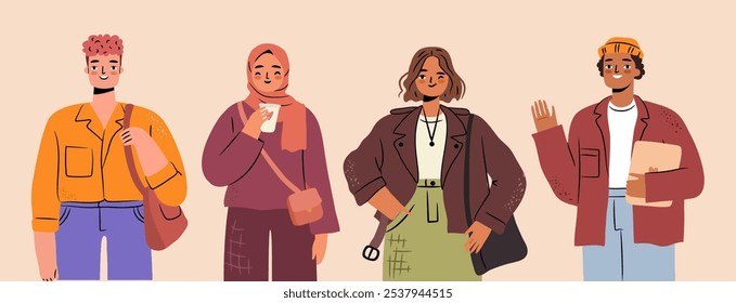 A diverse group of students illustrated in a modern, flat style. Cute isolated characters in modern outfits set. Multicultural education and teamwork