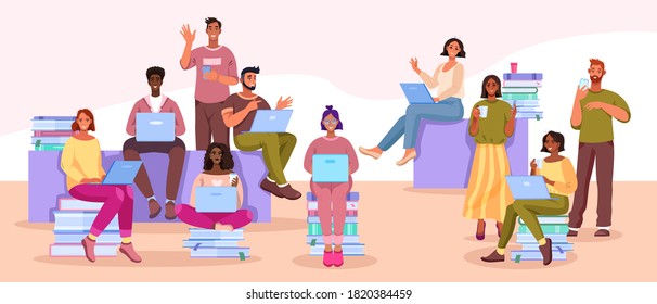 Diverse group of students learning online,communicating in internet, reading books.Multi-national university or school illustration with successful men and women. Diverse smiling students with gadgets