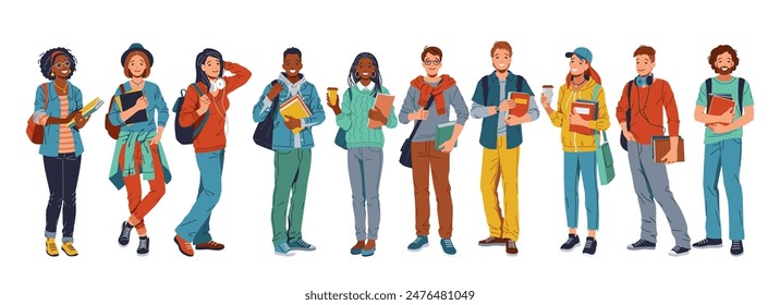 A diverse group of students standing in a row against a white background. Different races, ethnicities, clothing. Smiling, holding books, backpacks, ready for school. Isolated on white background