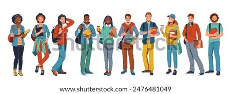 A diverse group of students standing in a row against a white background. Different races, ethnicities, clothing. Smiling, holding books, backpacks, ready for school. Isolated on white background